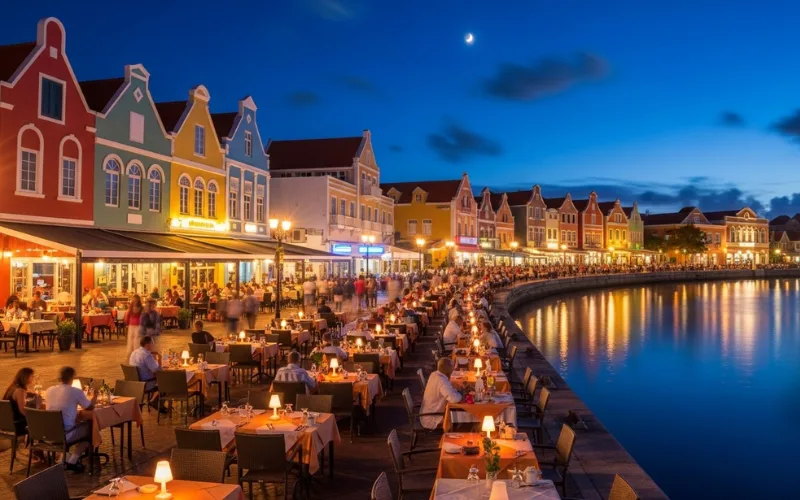 “colorful Dutch colonial buildings Oranjestad, waterfront restaurants, night lights, outdoor dining, Caribbean city atmosphere”