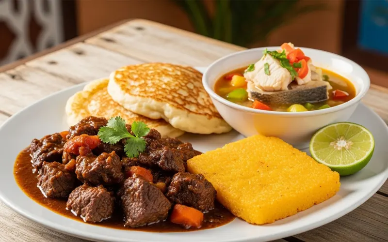 “traditional aruban food platter, pan bati bread, funchi fried polenta, beef stew, caribbean fish soup, rustic table, local cuisine aruba”