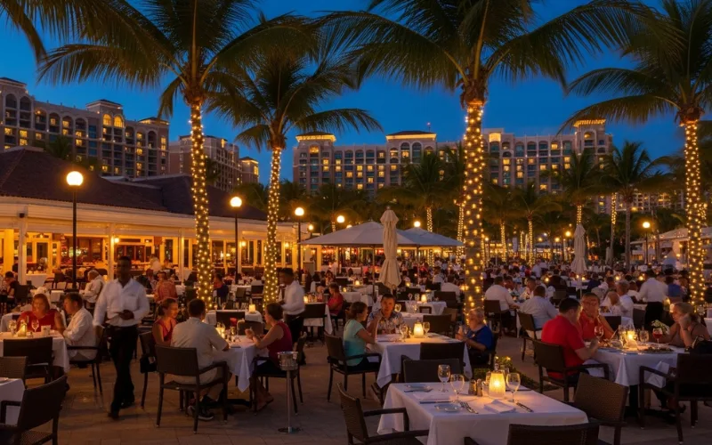 “busy Palm Beach Aruba restaurant strip, palm trees, nightlife, outdoor dining, luxury resorts, tropical evening atmosphere”