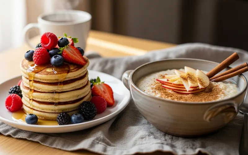 “stack of small pancakes with berries and bowl of porridge with apple and cinnamon, warm breakfast scene”