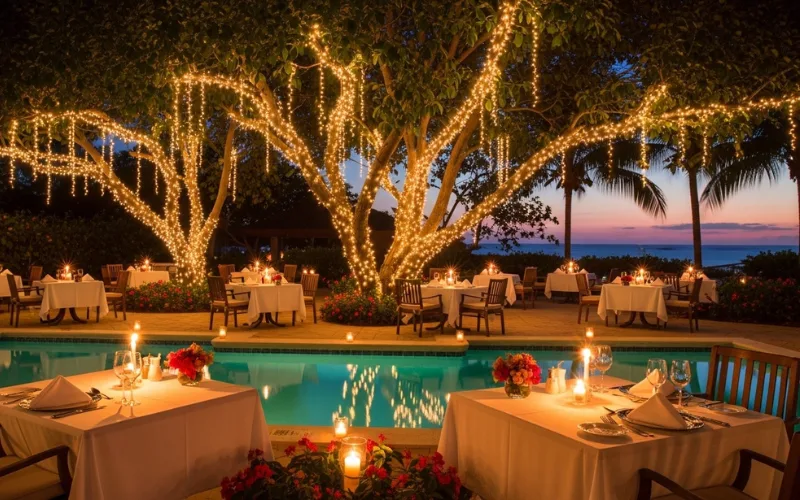 “romantic garden restaurant with pool, candlelight tables, fairy lights in trees, tropical night setting, elegant outdoor dining Aruba”