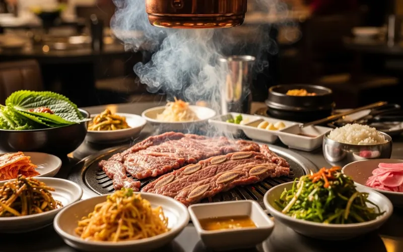 “Korean BBQ grill table with ggot sal short ribs cooking, banchan side dishes, smoky restaurant, warm lighting, food photography”