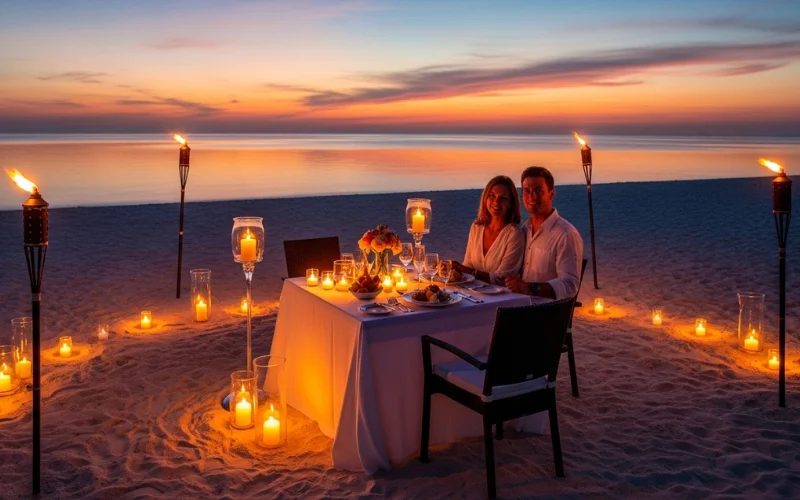 “romantic beach dinner setup, candles and tiki torches, white sand, sunset ocean view, couple dining”