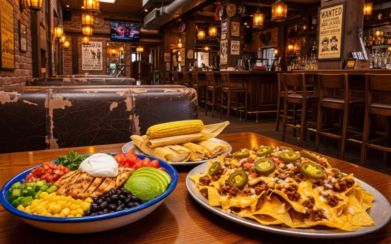 Tex-Mex bowl, nachos, tamales, western saloon themed restaurant interior