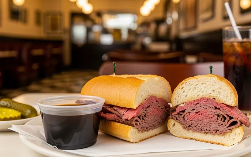 “French dip sandwich with au jus, classic deli sandwich, Los Angeles iconic food”
