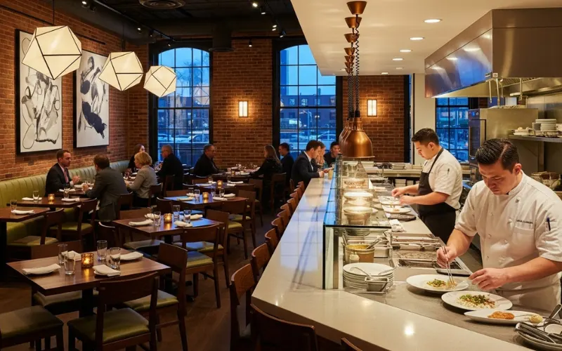 “Modern trendy restaurant interior, chef plating food, contemporary dining concept”