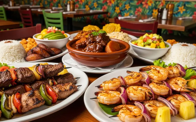 “local Caribbean restaurant food, grilled meat skewers, shrimp skewers, caribbean stew, casual dining, large portions, bright tropical restaurant”