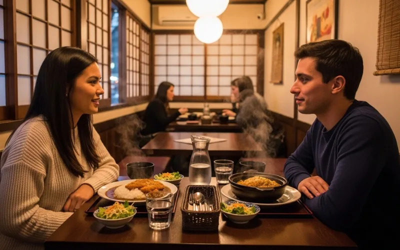 small cozy restaurant interior, Japanese curry dish on table with couple.