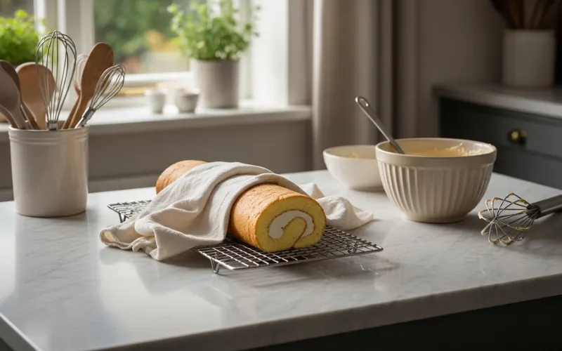 “Rolled sponge resting overnight covered, calm kitchen scene, preparation mood”
