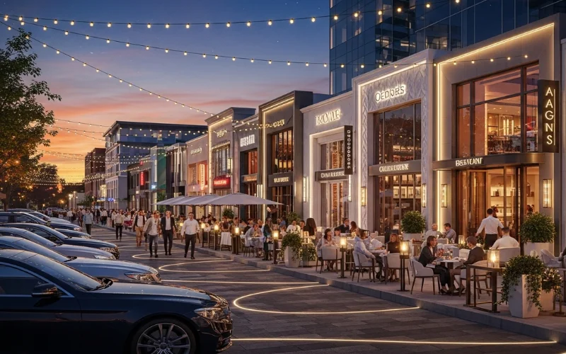 Upscale dining street with luxury restaurants and modern vibe