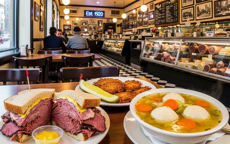 Jewish deli sandwiches, pastrami on rye, matzo ball soup, cozy deli interior