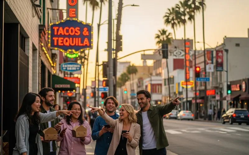 “People using phone map, food hopping, restaurant hopping in Los Angeles, city lifestyle photography”