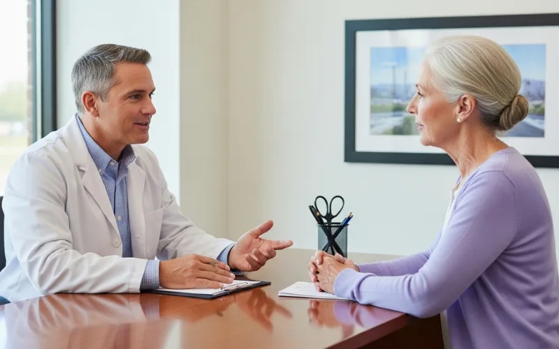 “Doctor consultation scene with coffee cup on table, health discussion concept”