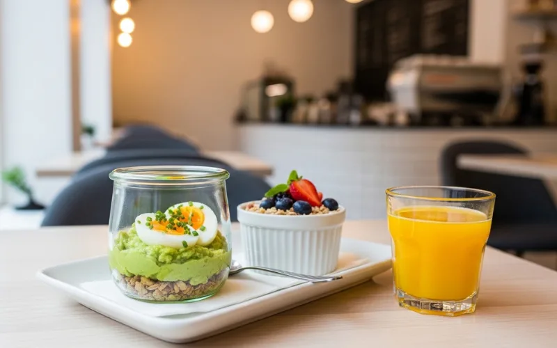 avocado egg protein pot and bircher muesli in modern cafe setting, clean aesthetic, soft lighting
