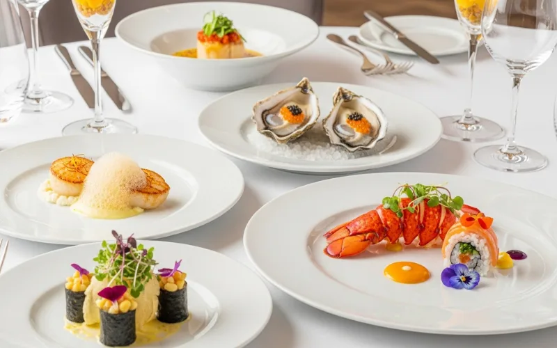 “Michelin star seafood tasting menu, elegant plating, fine dining restaurant, luxury food photography”