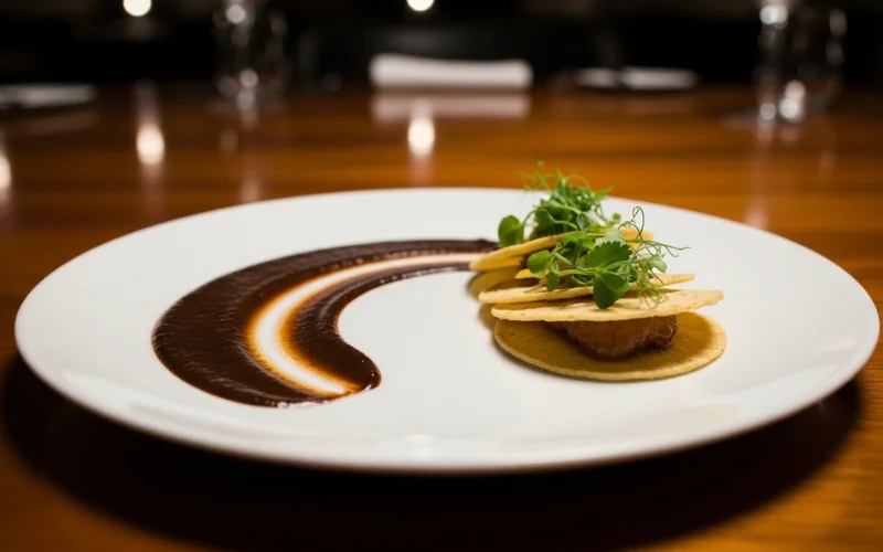 Minimalist fine dining plate with mole sauce and tortillas, upscale restaurant setting