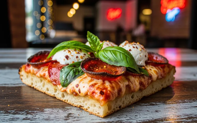 “Thick square pizza slice, crispy edges, Echo Park trendy pizza shop, food photography”