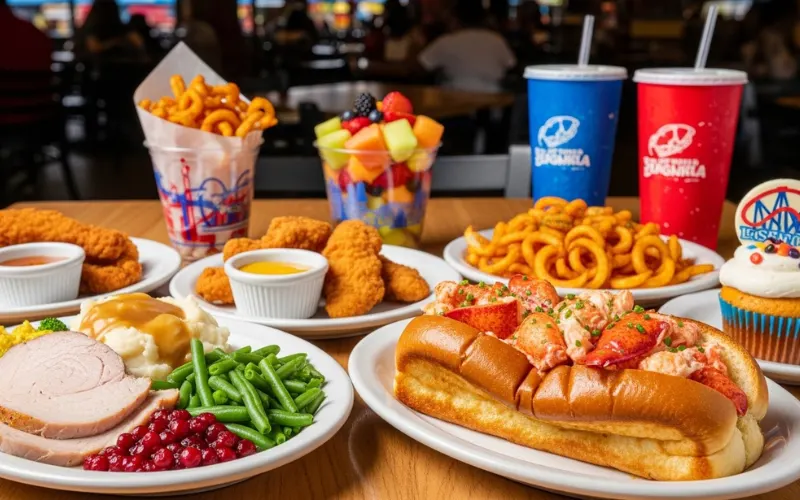 Theme park table with lobster roll, roast turkey dinner, and theme park restaurant food, bright lighting, travel food photography