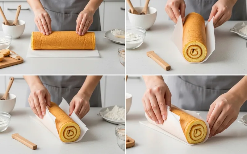 “Collage of steps: whipping eggs, spreading batter, baking, rolling sponge, simple visual workflow”