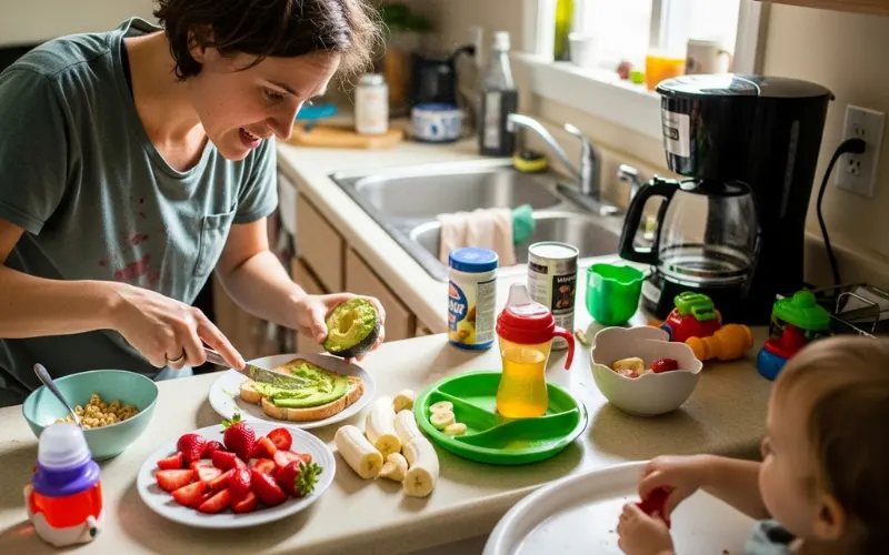 “busy parent preparing quick toddler breakfast in small kitchen, toast and fruit on counter, morning rush”