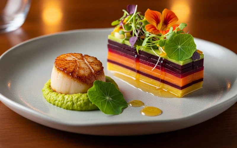 Creative plated dish with local ingredients, artistic presentation in fine dining