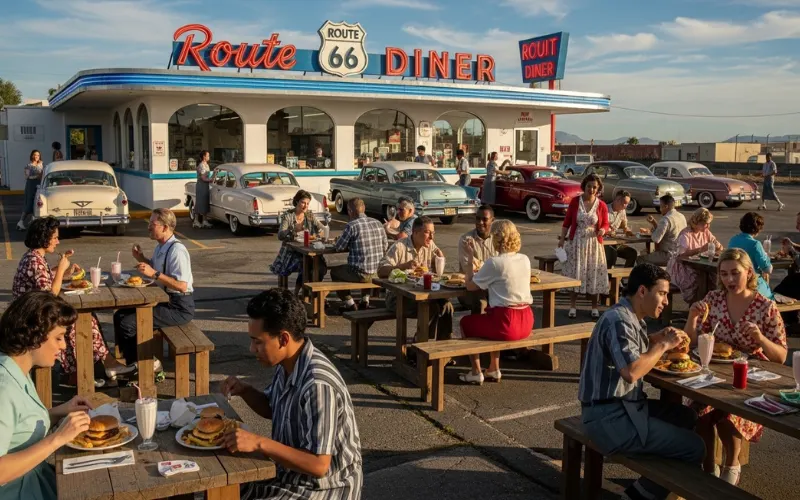 retro drive-in restaurant, outdoor benches, plate lunch served, local crowd.