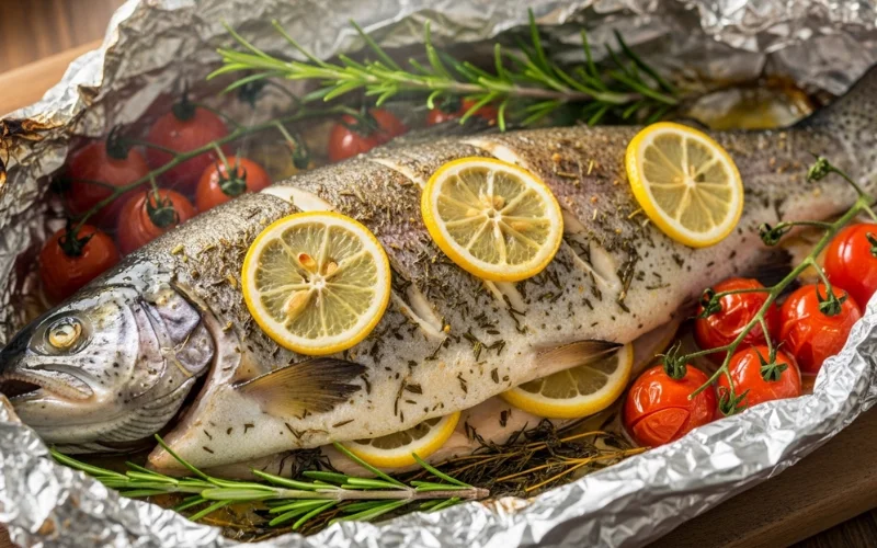 Baked trout with lemon and herbs in foil