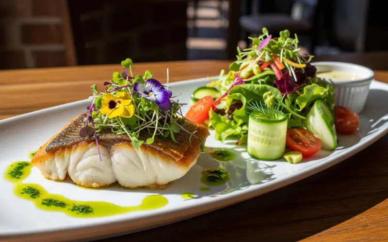 Gourmet theme park food plate, fish dish, salad, modern restaurant plating, food photography
