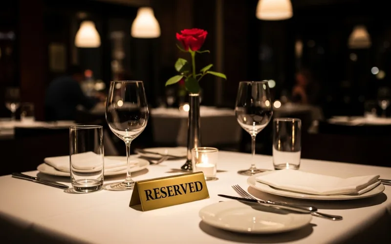 restaurant table with reservation sign, evening dining ambiance.