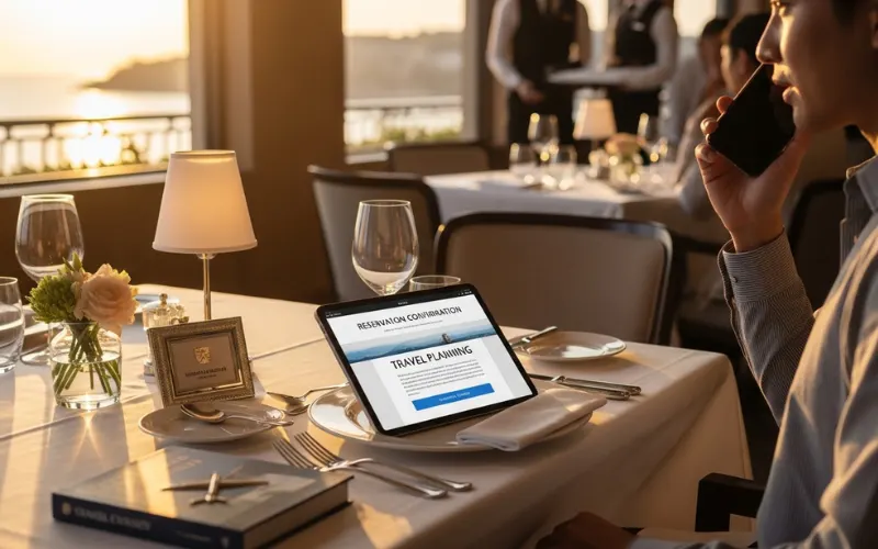 “person making restaurant reservation on phone, fine dining restaurant background, sunset table setup, travel planning”