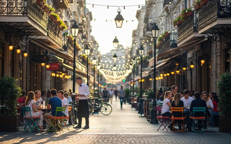 Trendy street with cafes and restaurants, outdoor dining scene
