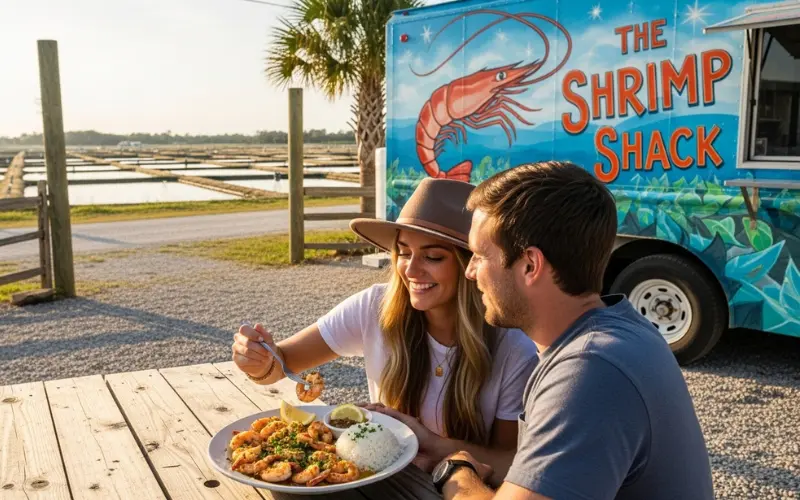 Couple enjoying shrimp plate at outdoor food truck near coastal farms at sunset.