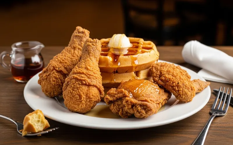 “Fried chicken and waffles plate with syrup, comfort food, American soul food, restaurant table”