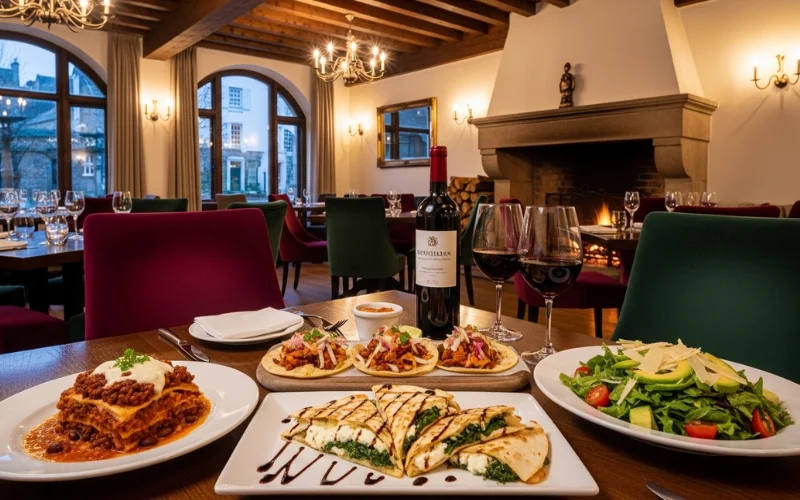 Cozy restaurant in historic mansion with Italian-Mexican dishes on table