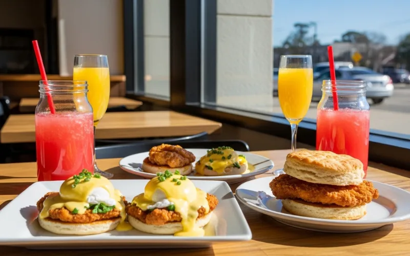 New Orleans style brunch, eggs benedict, fried chicken biscuit, mimosas, bright brunch restaurant, sunny morning