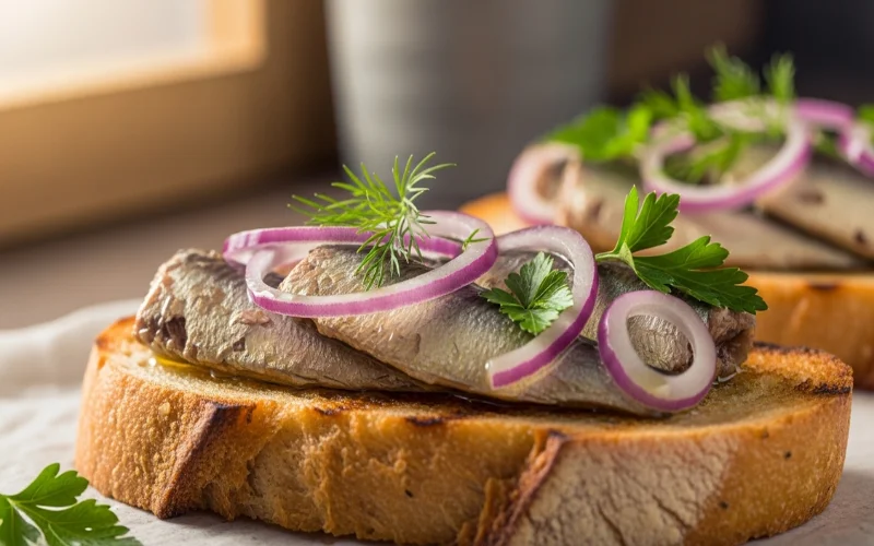 Canned sardines on toast with onion and herbs