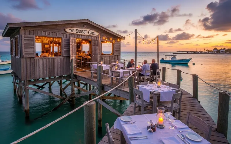 “small fishing village restaurant over water, wooden pier dining, sunset, local seafood restaurant, Aruba”