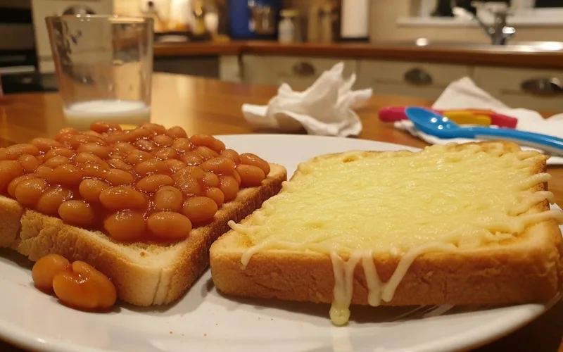 “beans on toast and cheese toast on plate, savory toddler breakfast, simple home kitchen”