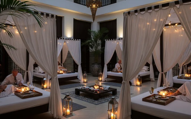 “restaurant with white canopy beds, guests dining on beds, romantic lighting, unique dining concept, luxury vibe”