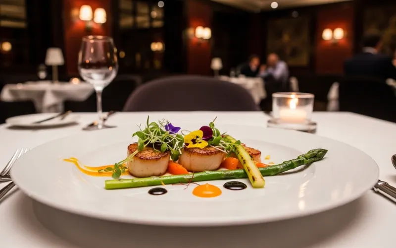 fine dining modern restaurant plating, elegant dish, low lighting, luxury atmosphere.
