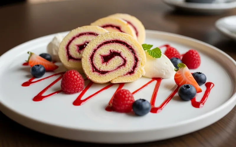 “Elegant plated jelly roll slices with berries and sauce drizzle, café-style presentation”