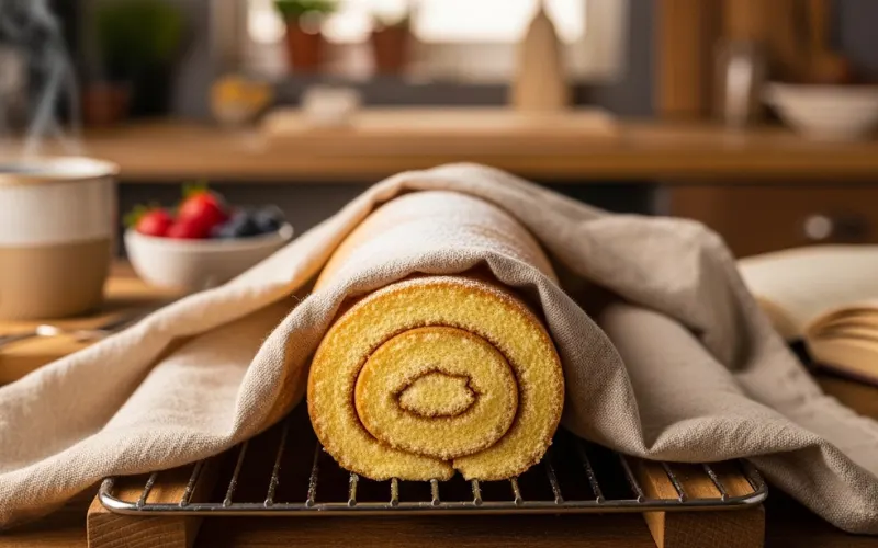 “Rolled sponge resting in towel, cozy kitchen setting, focus on shape formation”
