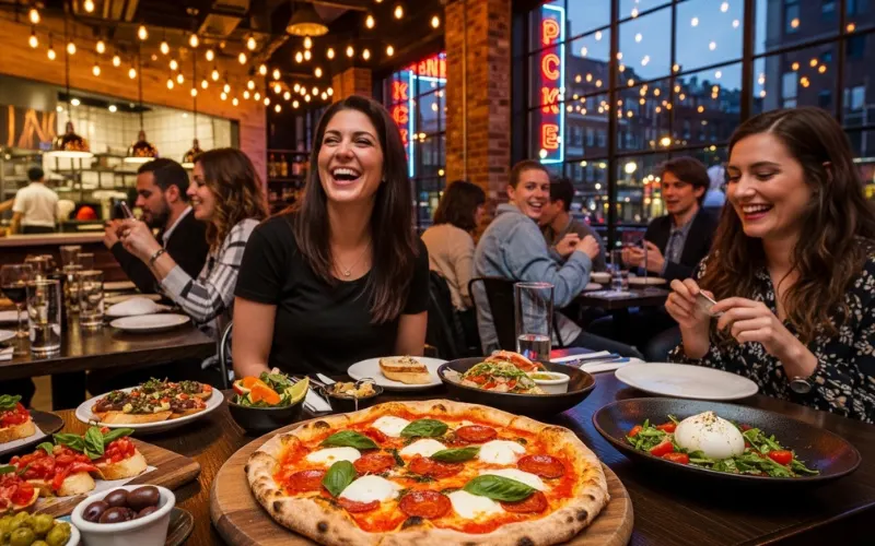 “Trendy restaurant interior, artisan pizza, small plates, hipster neighborhood restaurant vibe”