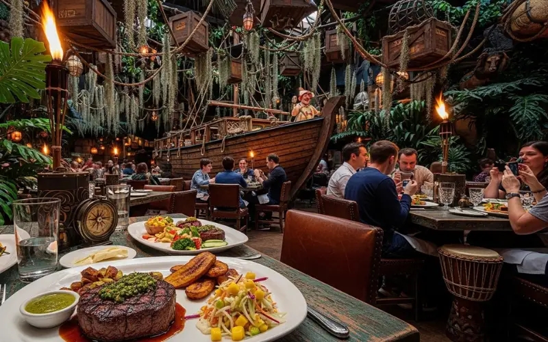 Jungle Cruise themed restaurant interior, exotic dishes, hanger steak, adventurous themed dining room