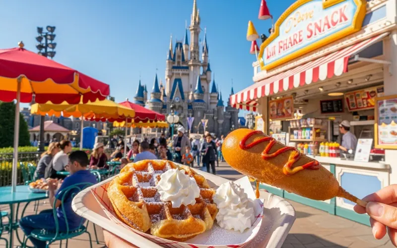 Theme park snack stand, corn dog and waffle snack, outdoor seating with castle view, sunny day, Magic Kingdom atmosphere