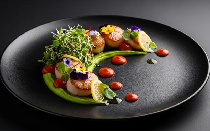 “Luxury tasting menu dish, artistic Michelin star food presentation, fine dining plating, dark background”