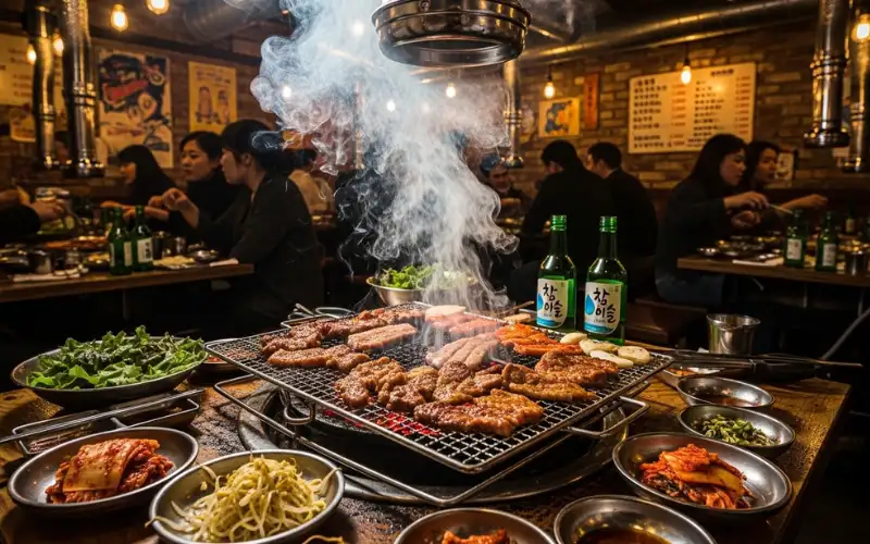 “Charcoal Korean BBQ, smoke filled restaurant, meat grilling over charcoal, old school Korean restaurant vibe”