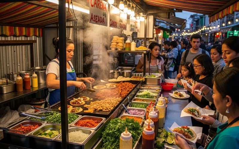 “Authentic Mexican food stand, tacos, simple setup, local street food culture”
