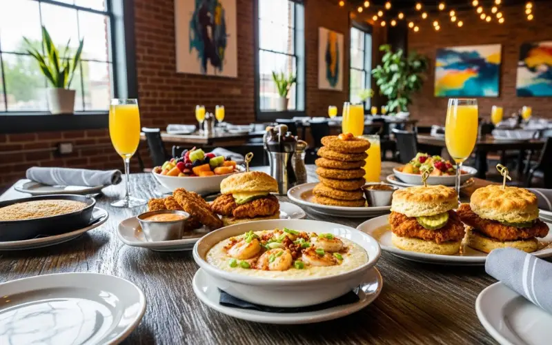 Southern brunch table, shrimp and grits, biscuit sandwiches, fried green tomatoes, rustic modern restaurant interior