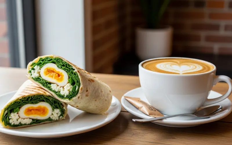 spinach feta egg wrap and coffee on wooden table, modern cafe vibe, natural lighting